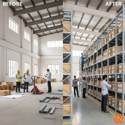 footwear warehouse factory banglore- heavy duty slotted angle racks installation