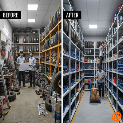 Customized open-type slotted angle racks in spare parts shop pune